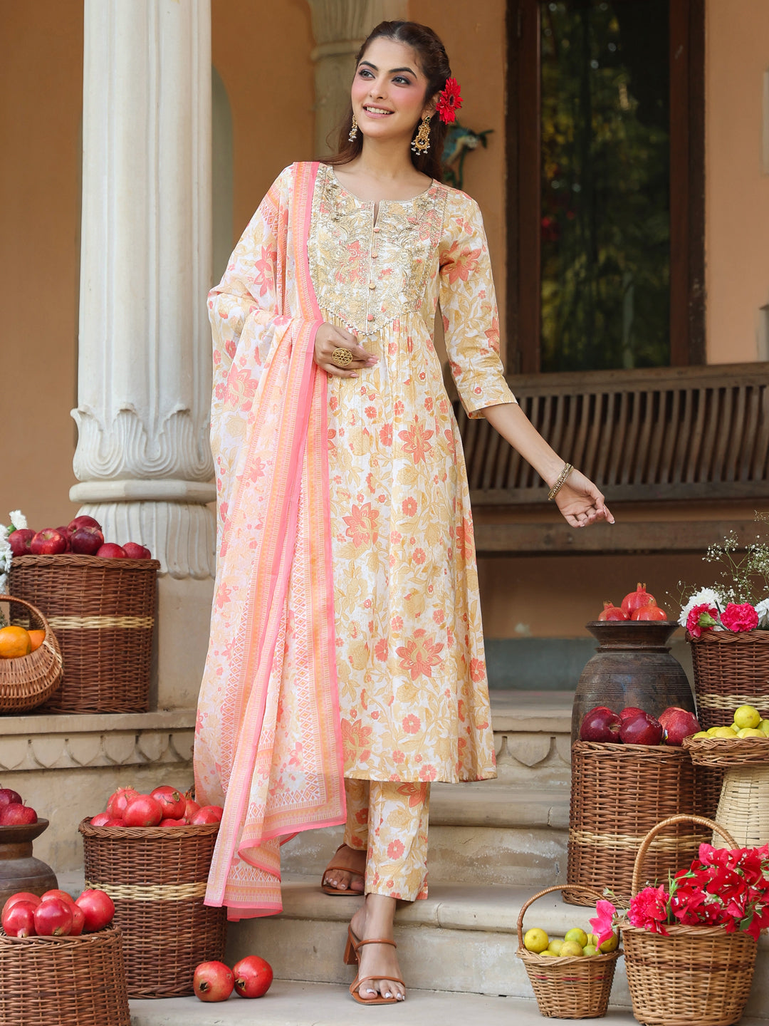 Janasya Light Cotton Floral A-Line Kurta Set | Swadesiicart