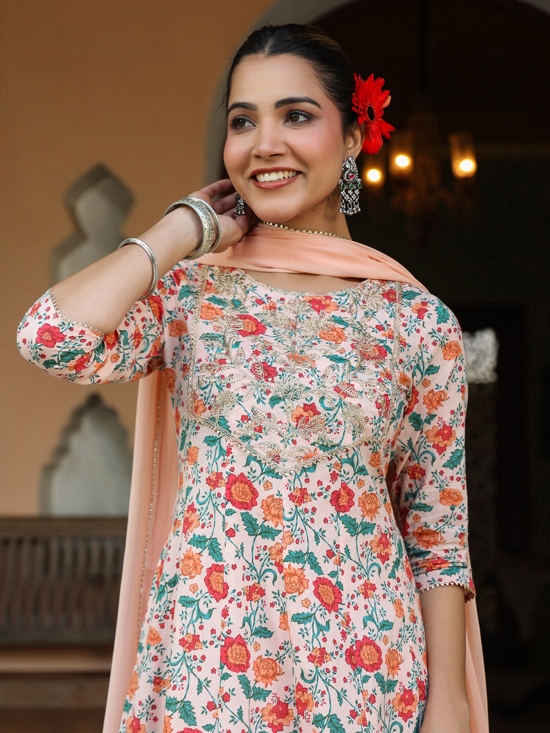 Janasya Light Cotton Floral Anarkali Kurta Set | Swadesiicart