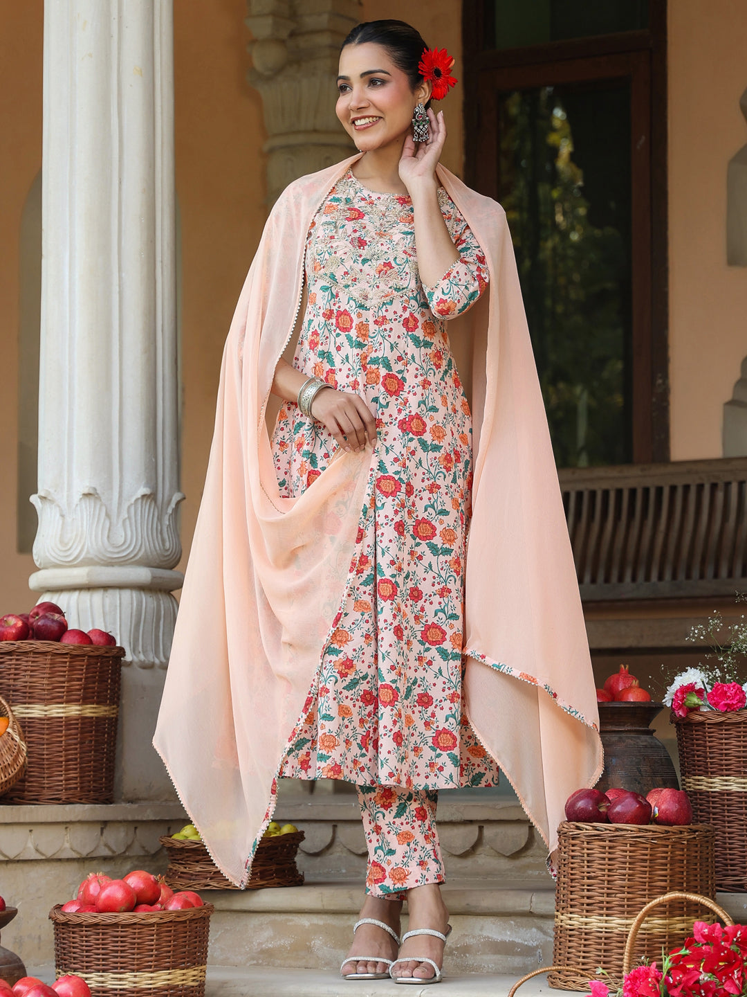 Janasya Light Cotton Floral Anarkali Kurta Set | Swadesiicart