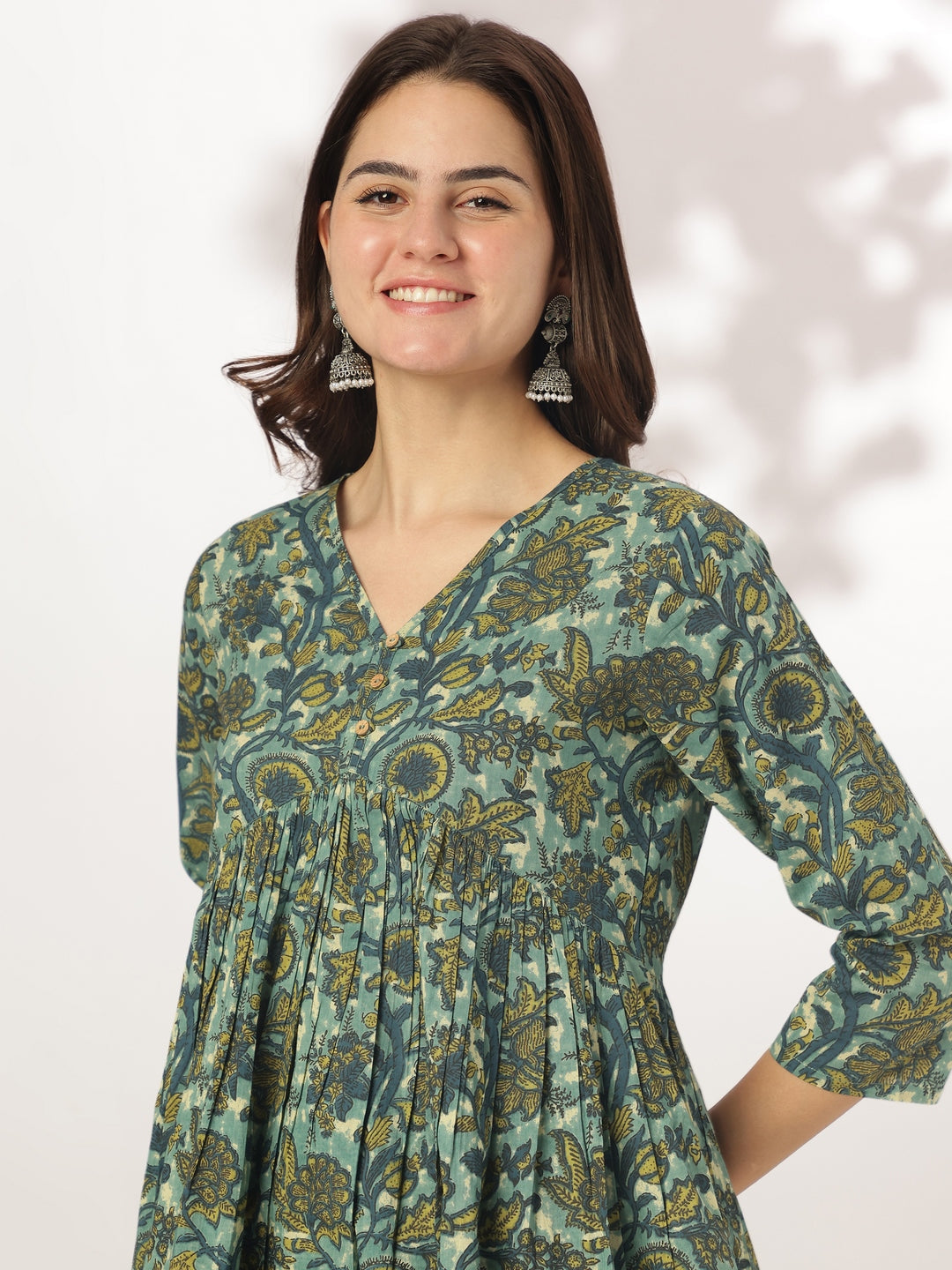 Janasya Dark Cotton Floral A-Line Kurta Set | Swadesiicart