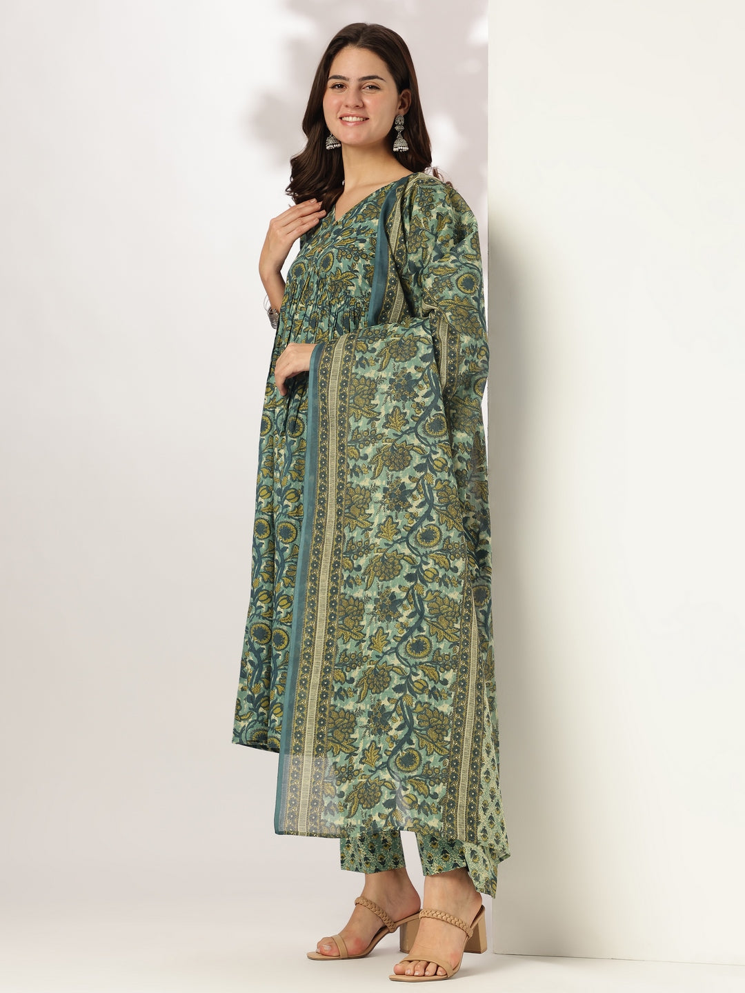 Janasya Dark Cotton Floral A-Line Kurta Set | Swadesiicart