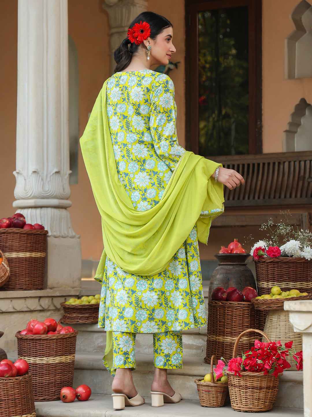 Janasya Bright Cotton Floral A-Line Kurta Set | Swadesiicart