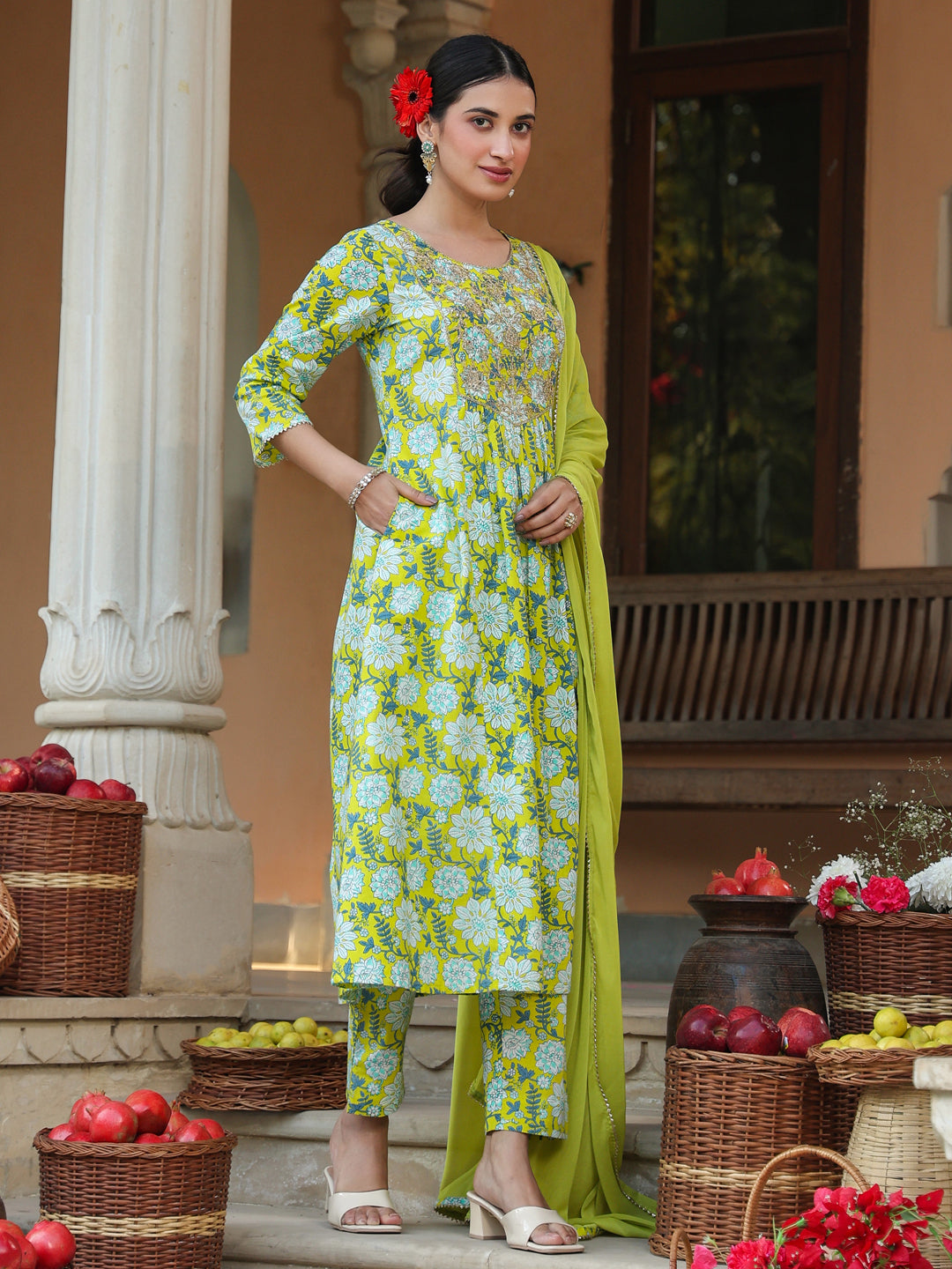 Janasya Bright Cotton Floral A-Line Kurta Set | Swadesiicart