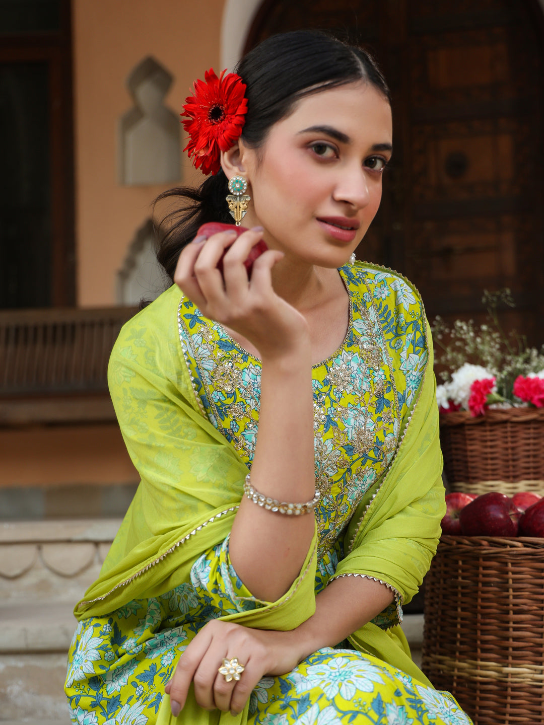 Janasya Bright Cotton Floral A-Line Kurta Set | Swadesiicart