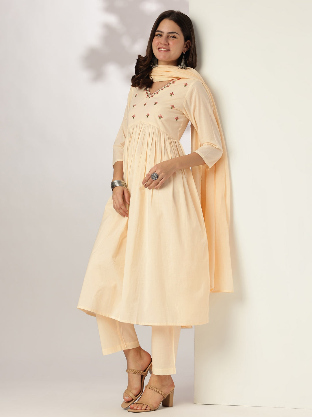 Janasya Light Cotton Yoke Embroidery A-Line Kurta Set | Swadesiicart