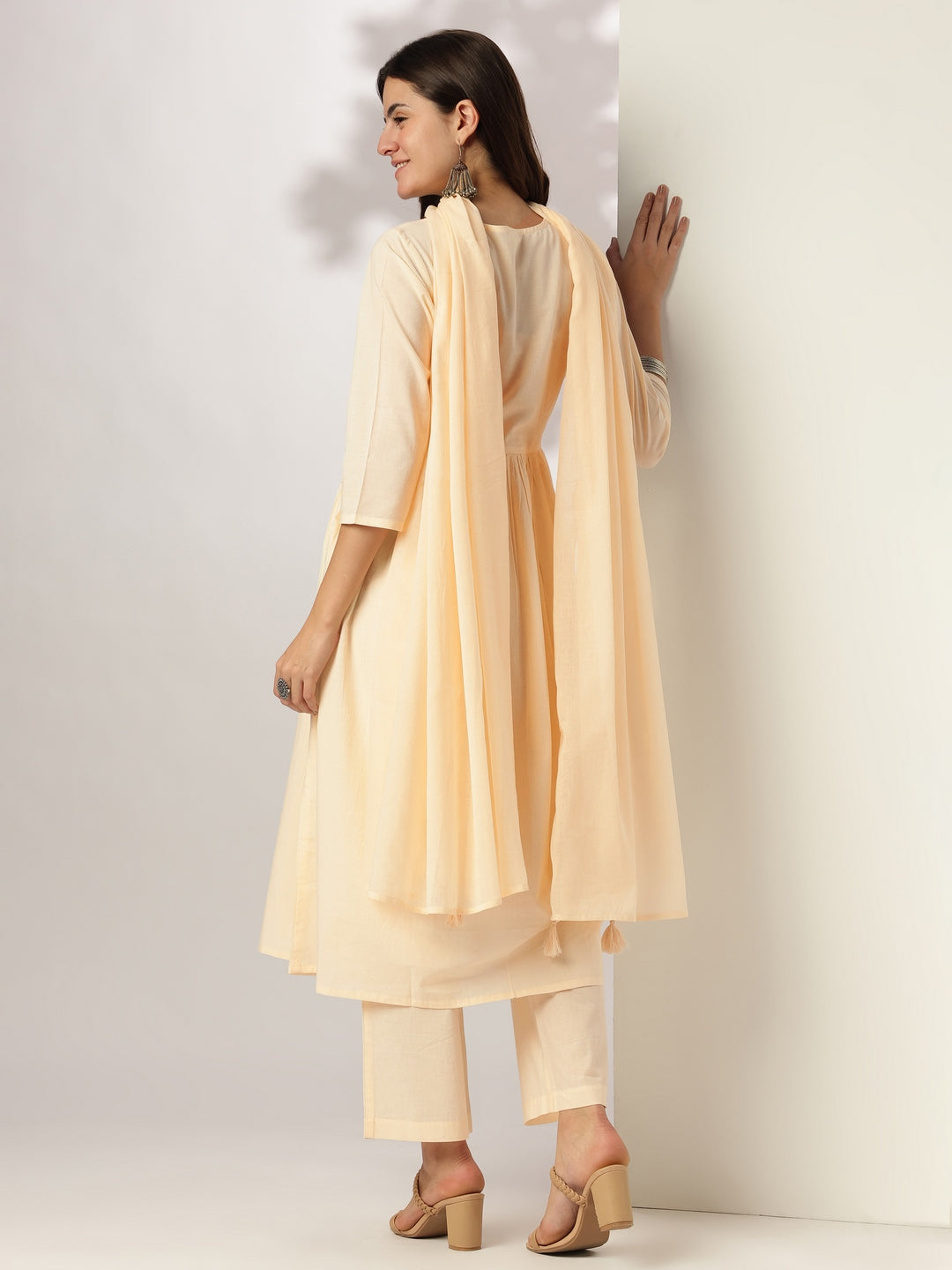 Janasya Light Cotton Yoke Embroidery A-Line Kurta Set | Swadesiicart