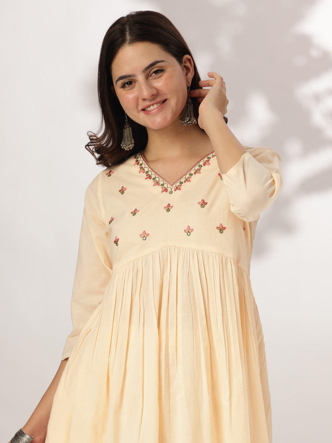 Janasya Light Cotton Yoke Embroidery A-Line Kurta Set | Swadesiicart
