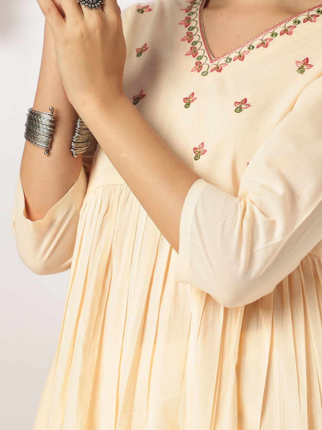 Janasya Light Cotton Yoke Embroidery A-Line Kurta Set | Swadesiicart