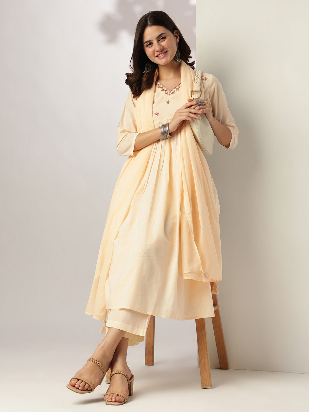 Janasya Light Cotton Yoke Embroidery A-Line Kurta Set | Swadesiicart