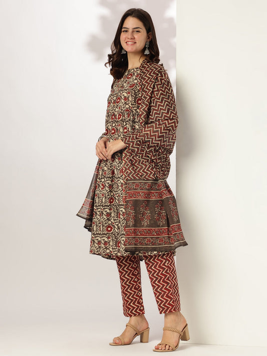 Janasya Dark Cotton Floral A-Line Kurta Set | Swadesiicart