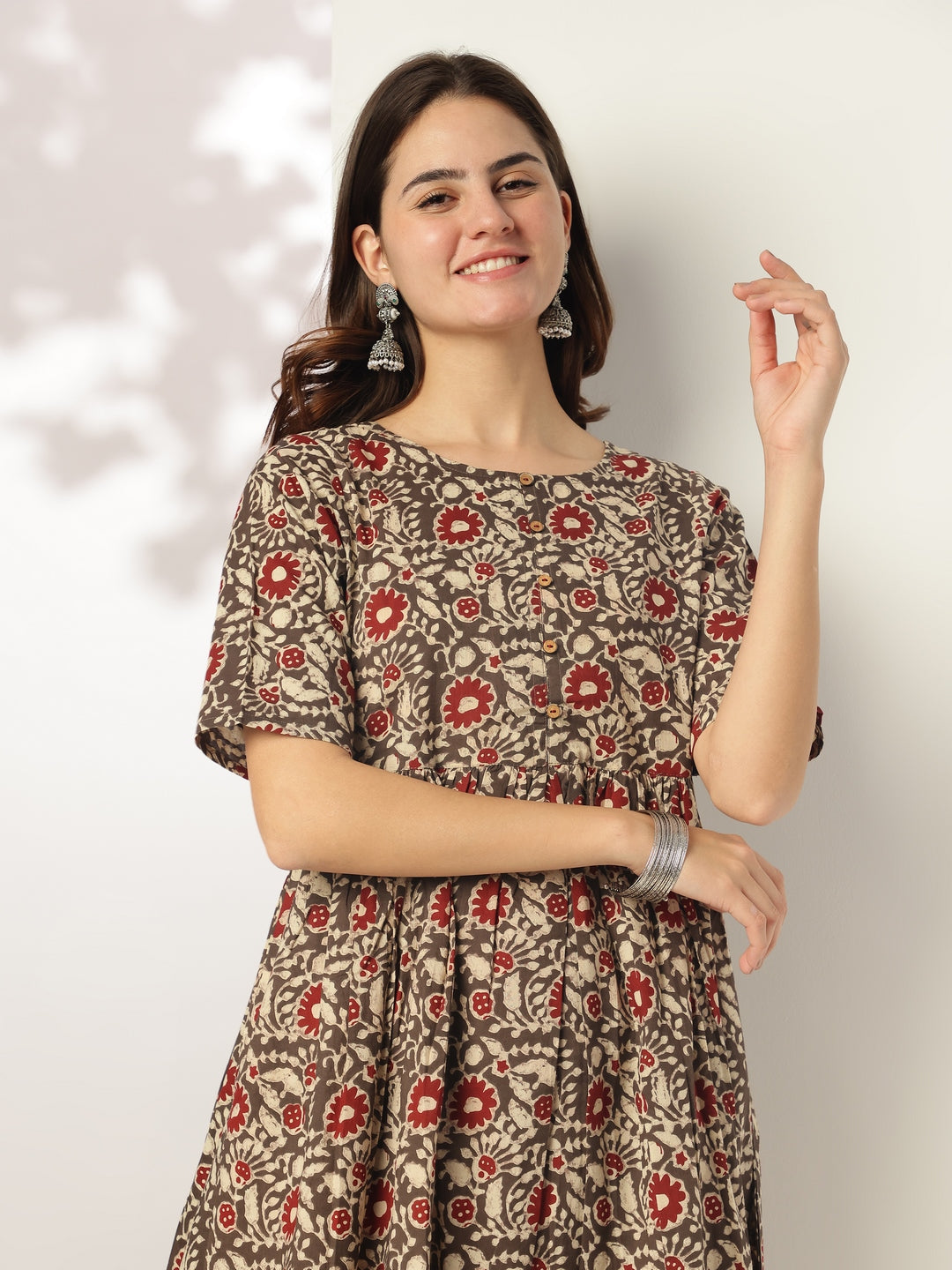 Janasya Dark Cotton Floral A-Line Kurta Set | Swadesiicart