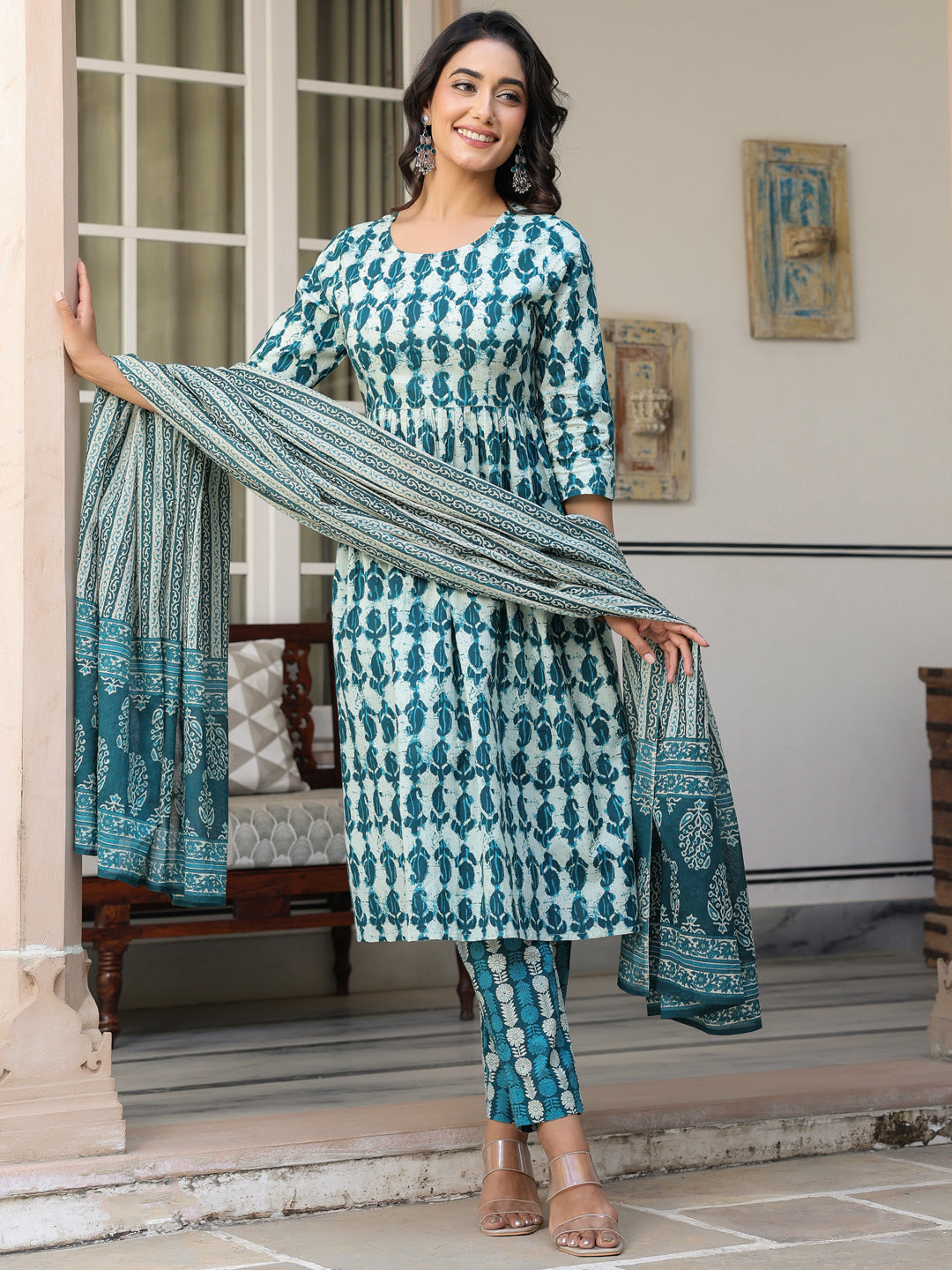 Janasya Dark Cotton Abstract A-Line Kurta Set | Swadesiicart