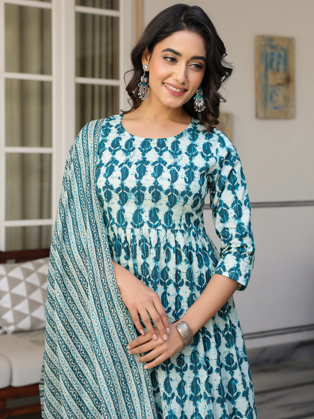 Janasya Dark Cotton Abstract A-Line Kurta Set | Swadesiicart