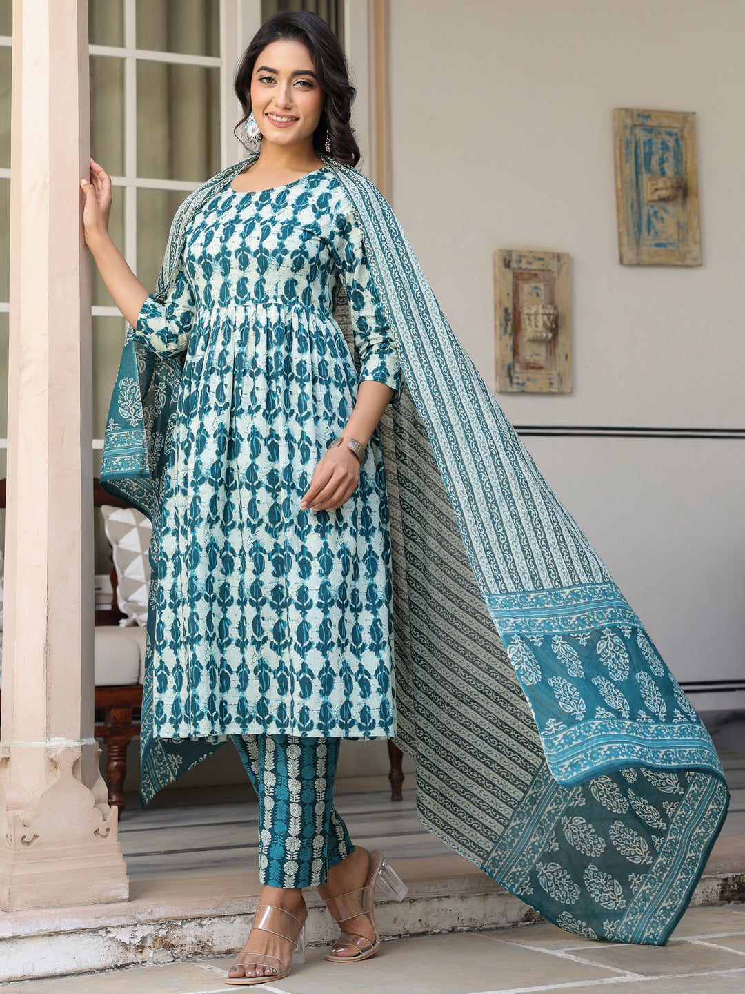 Janasya Dark Cotton Abstract A-Line Kurta Set | Swadesiicart