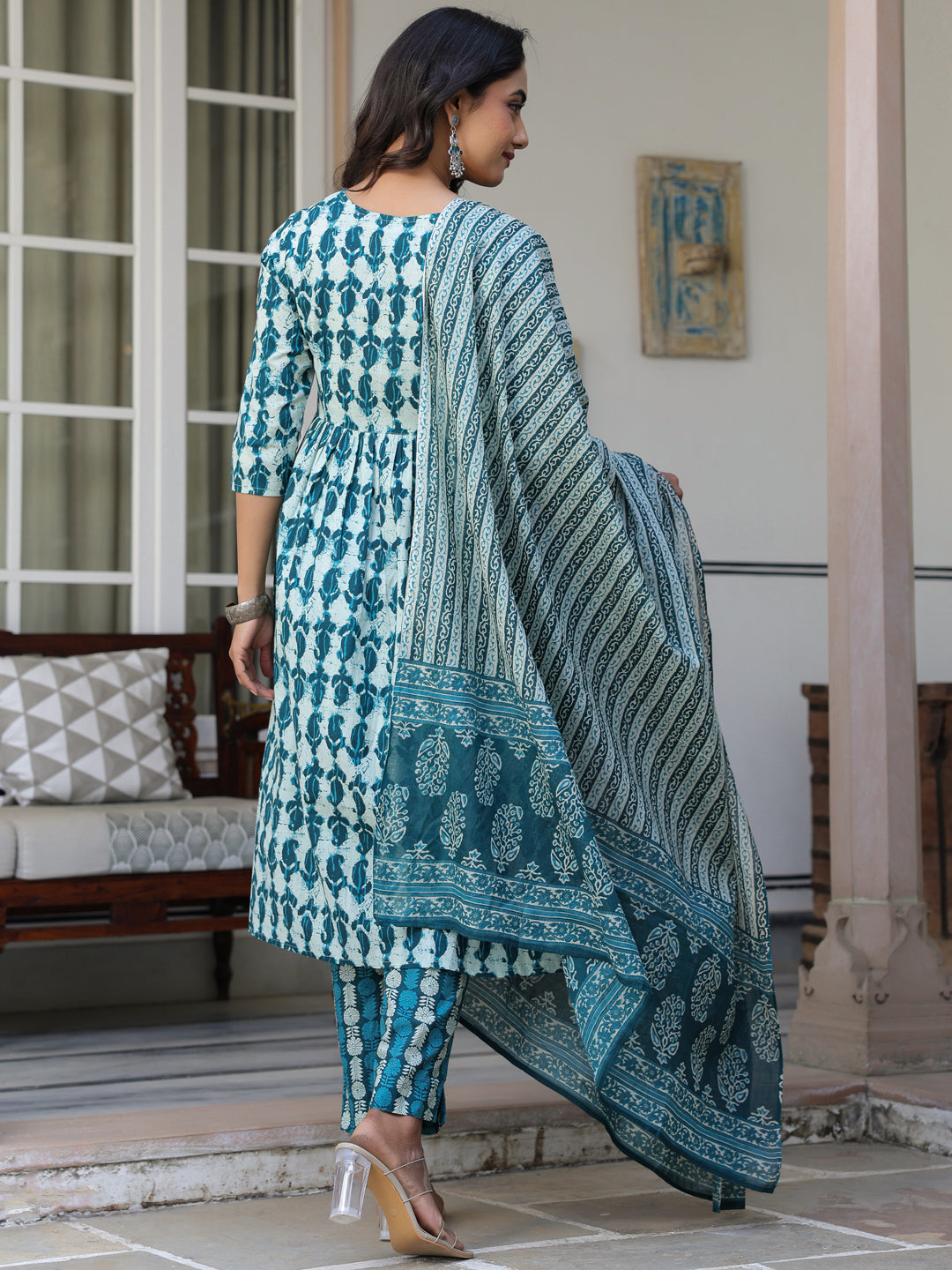 Janasya Dark Cotton Abstract A-Line Kurta Set | Swadesiicart