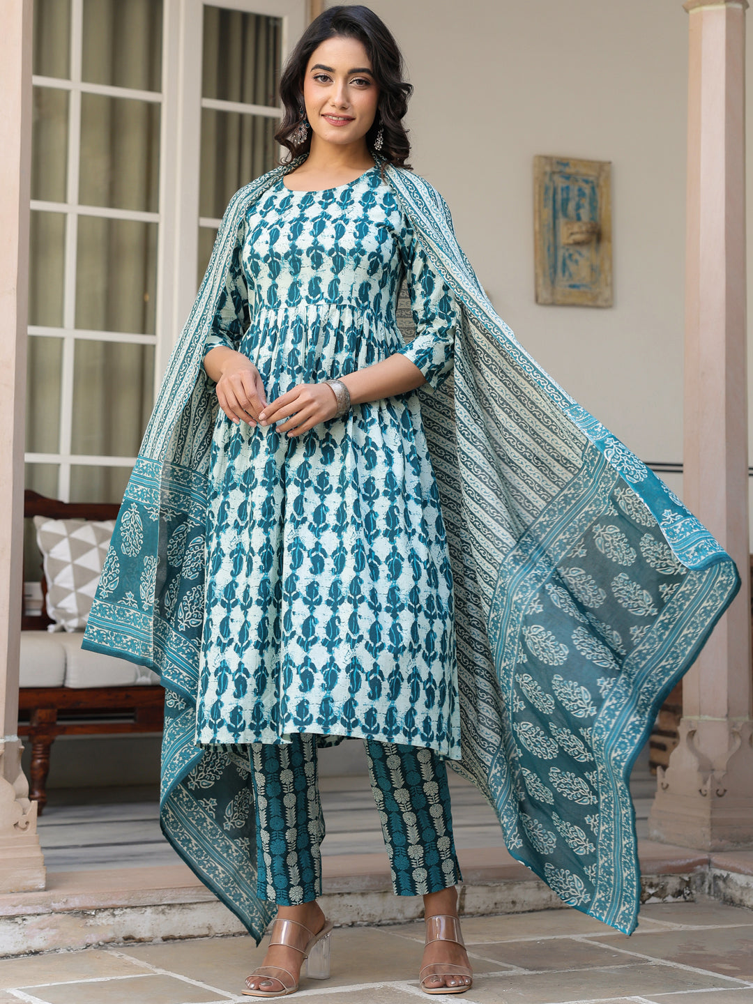 Janasya Dark Cotton Abstract A-Line Kurta Set | Swadesiicart