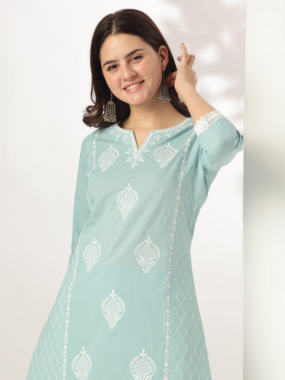 Janasya Light Cotton Embroidered Straight Kurta Set | Swadesiicart