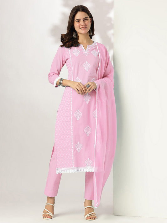 Janasya Light Cotton Embroidered Straight Kurta Set | Swadesiicart
