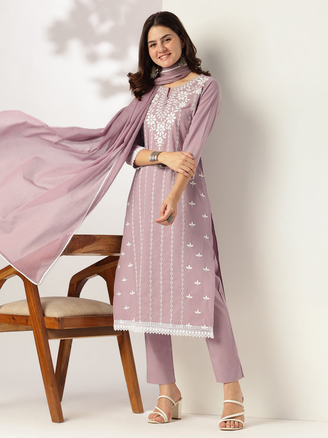 Janasya Light Cotton Embroidered Straight Kurta Set | Swadesiicart