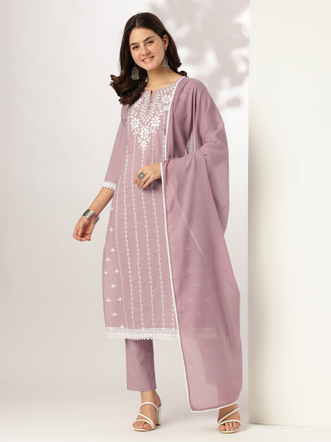 Janasya Light Cotton Embroidered Straight Kurta Set | Swadesiicart