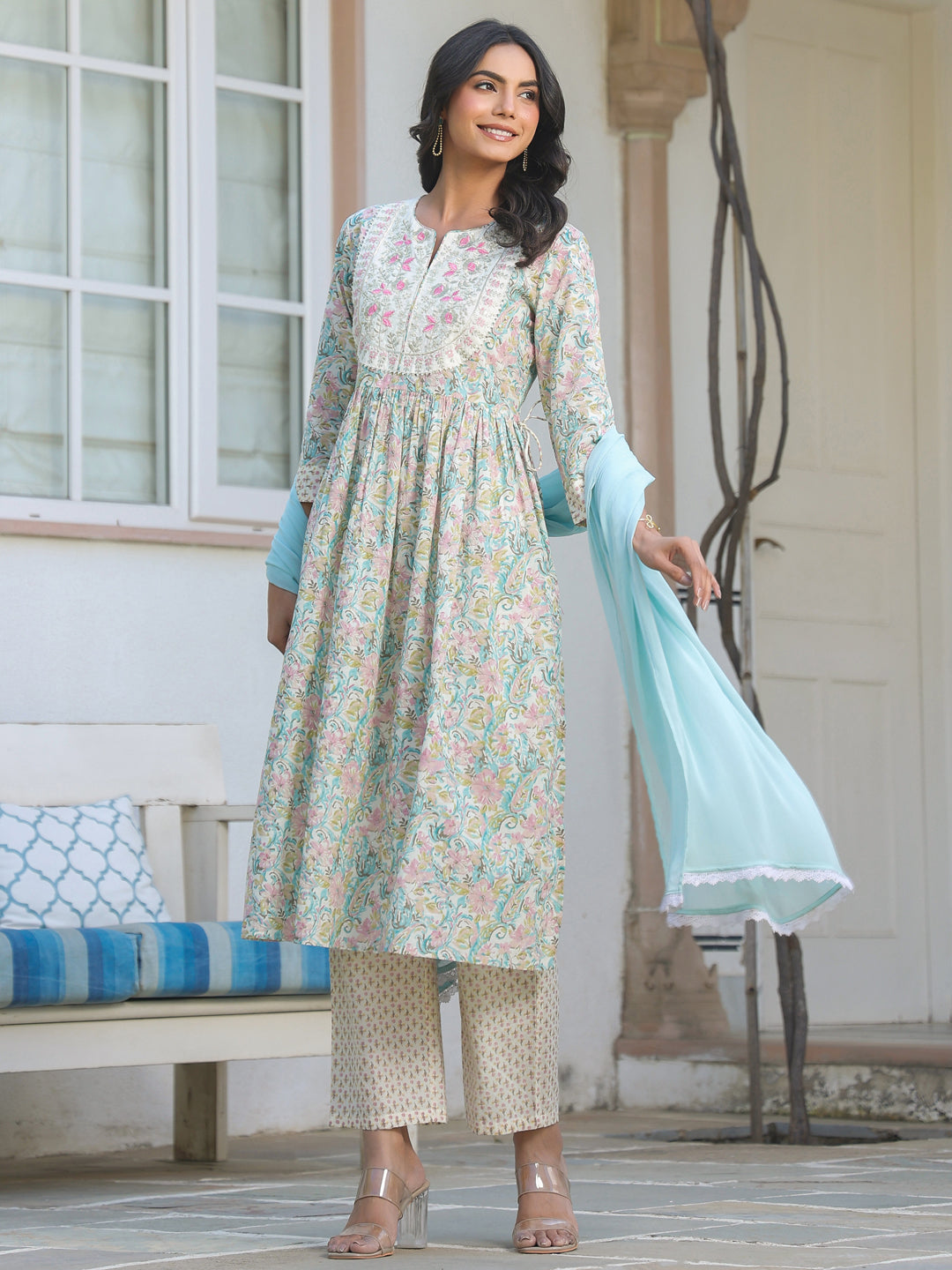 Janasya Light Cotton Yoke Embroidery A-Line Kurta Set | Swadesiicart