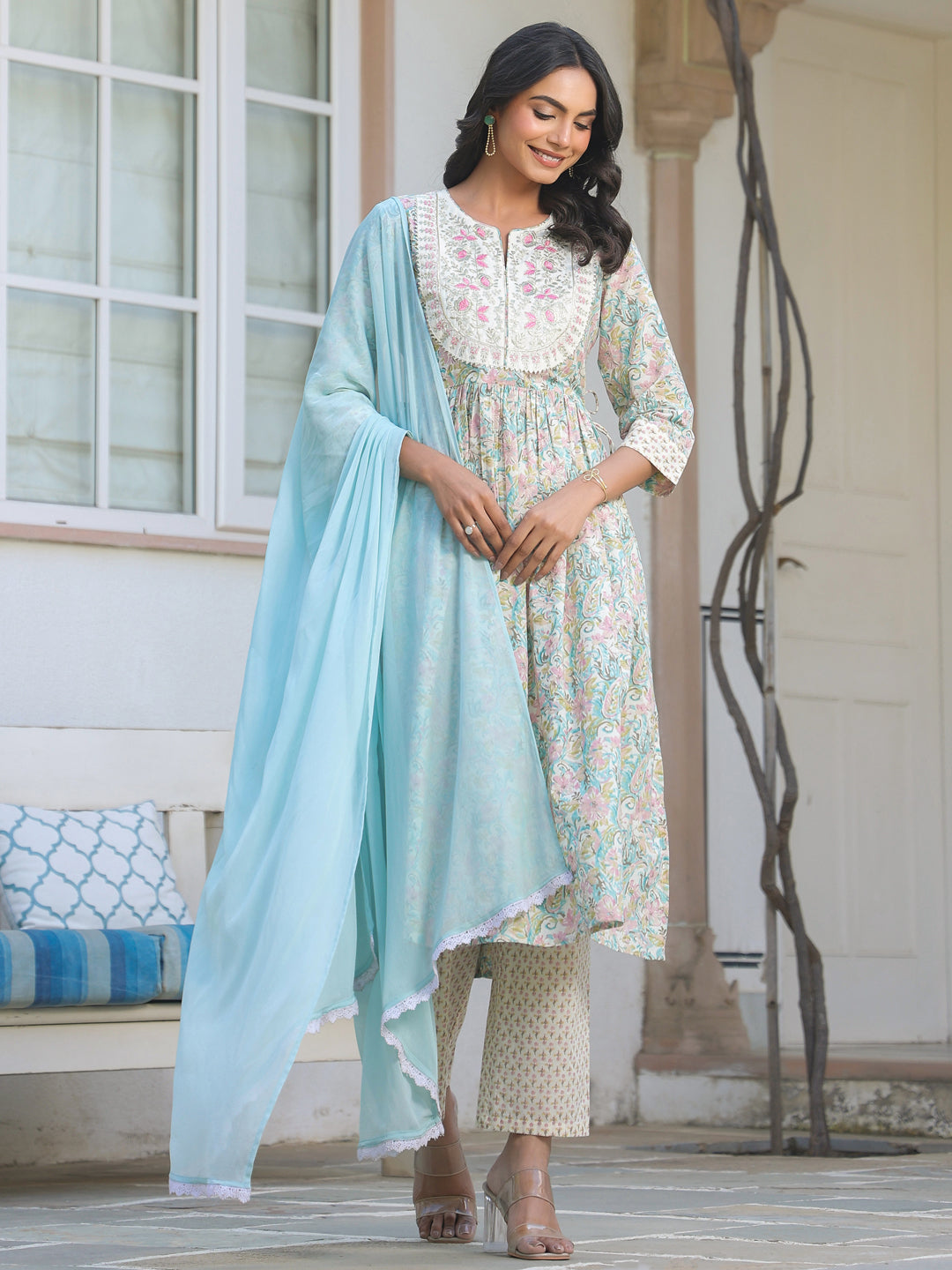 Janasya Light Cotton Yoke Embroidery A-Line Kurta Set | Swadesiicart