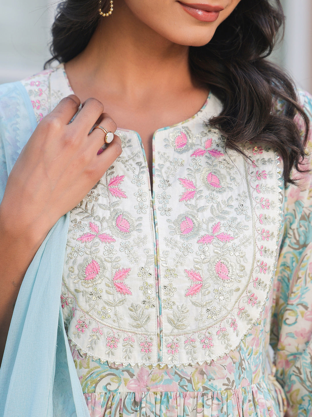Janasya Light Cotton Yoke Embroidery A-Line Kurta Set | Swadesiicart