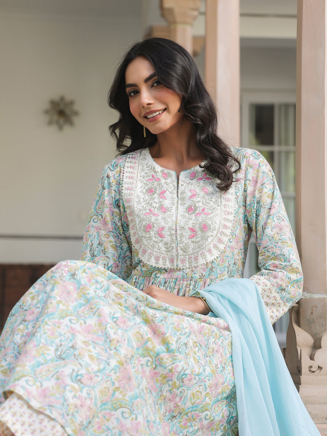Janasya Light Cotton Yoke Embroidery A-Line Kurta Set | Swadesiicart