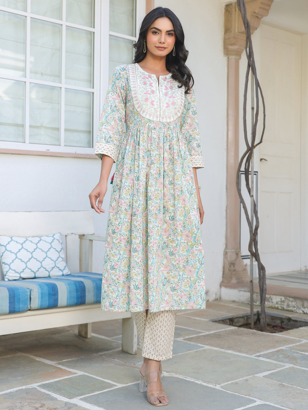 Janasya Light Cotton Yoke Embroidery A-Line Kurta Set | Swadesiicart