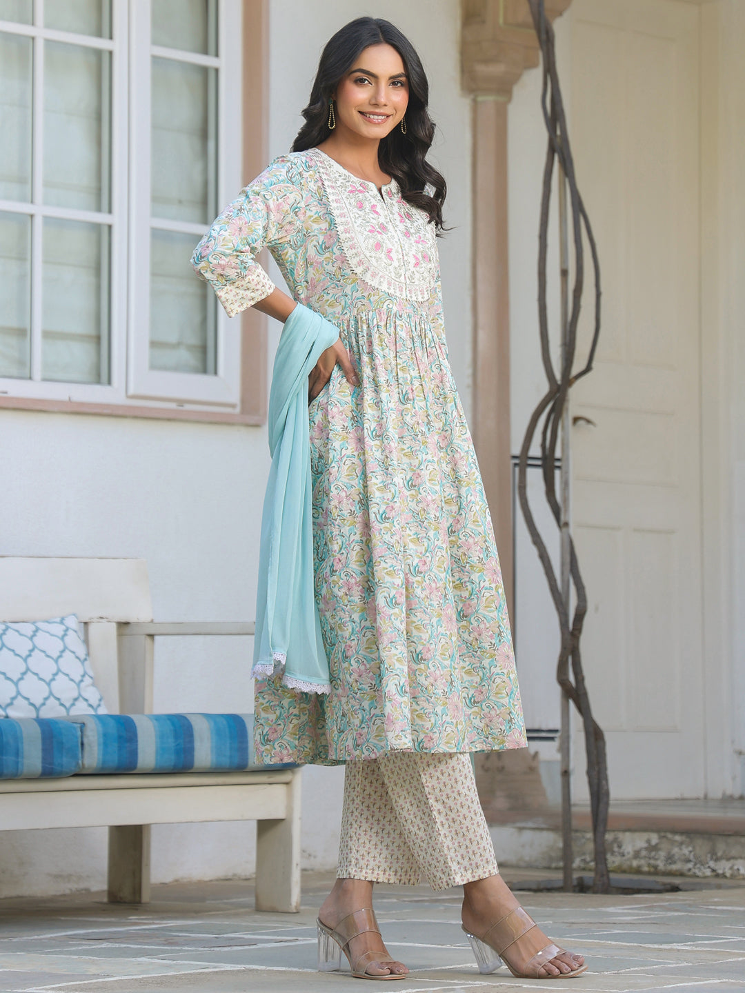 Janasya Light Cotton Yoke Embroidery A-Line Kurta Set | Swadesiicart