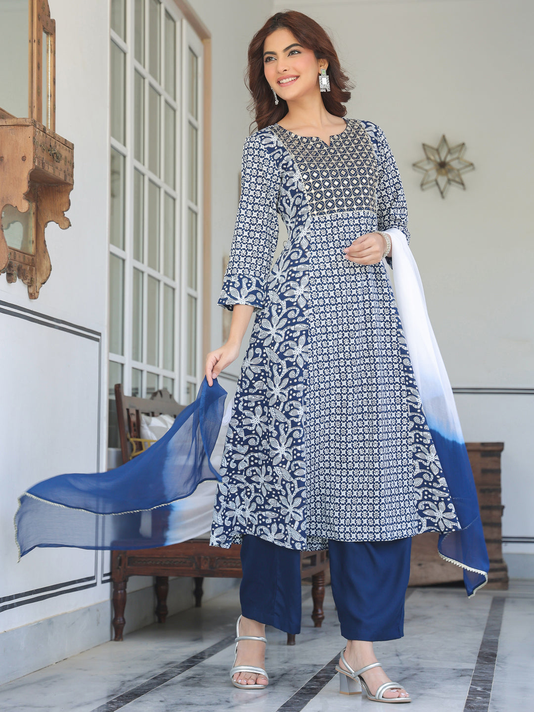 Janasya Dark Rayon Floral A-Line Kurta Set | Swadesiicart