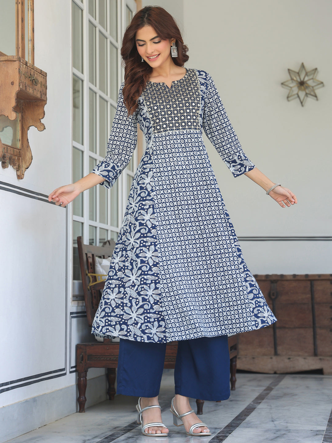 Janasya Dark Rayon Floral A-Line Kurta Set | Swadesiicart