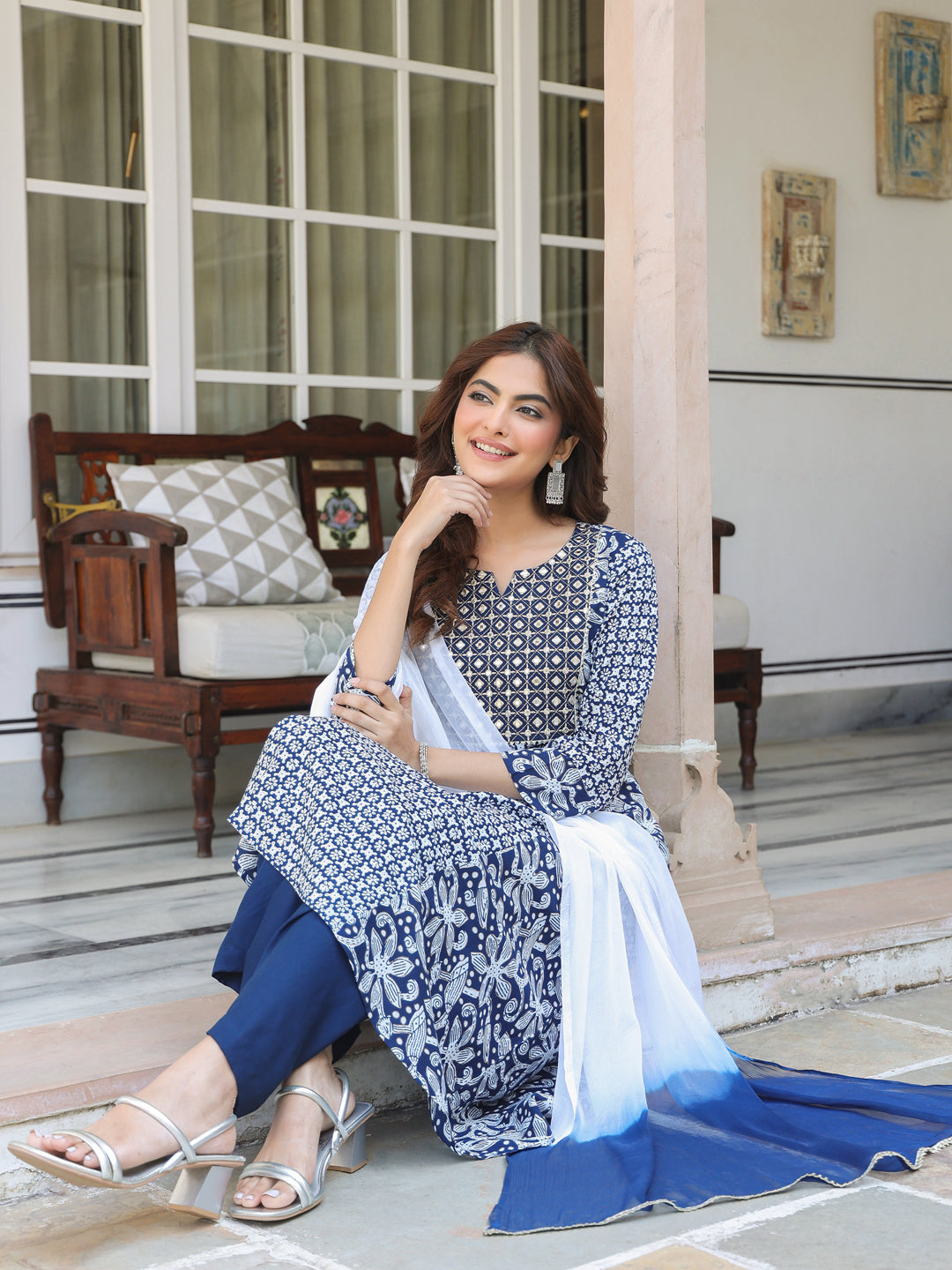 Janasya Dark Rayon Floral A-Line Kurta Set | Swadesiicart