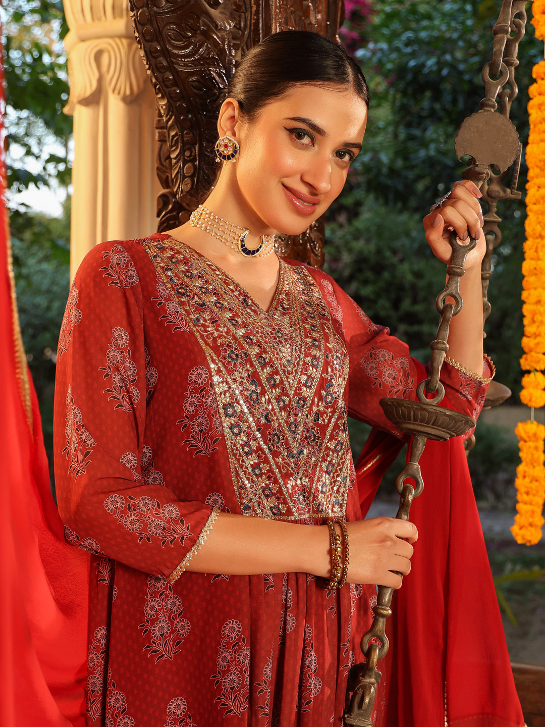 Janasya Dark Georgette Yoke Embroidery A-Line Kurta Set | Swadesiicart