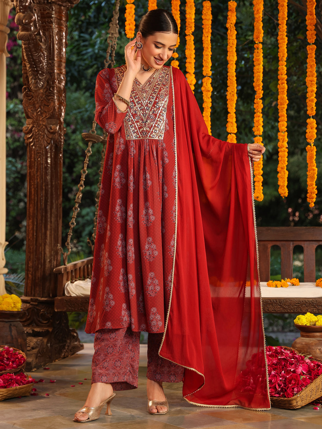 Janasya Dark Georgette Yoke Embroidery A-Line Kurta Set | Swadesiicart