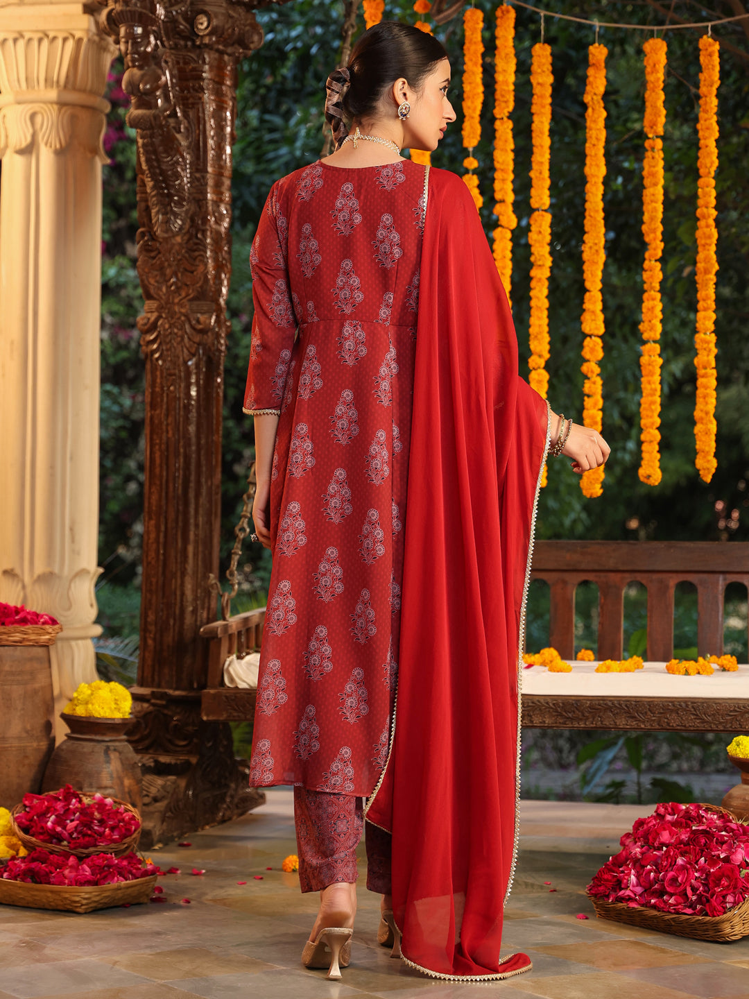 Janasya Dark Georgette Yoke Embroidery A-Line Kurta Set | Swadesiicart