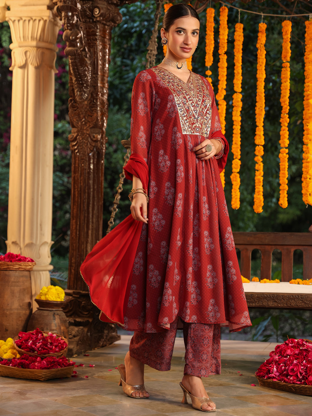 Janasya Dark Georgette Yoke Embroidery A-Line Kurta Set | Swadesiicart