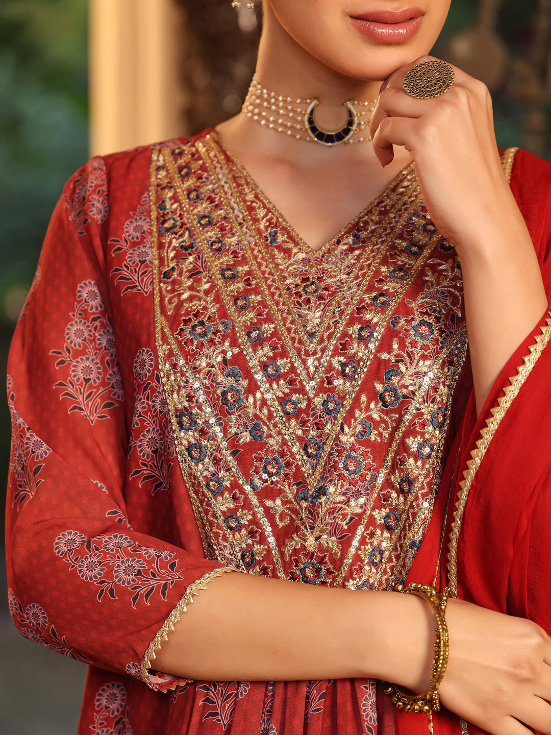 Janasya Dark Georgette Yoke Embroidery A-Line Kurta Set | Swadesiicart