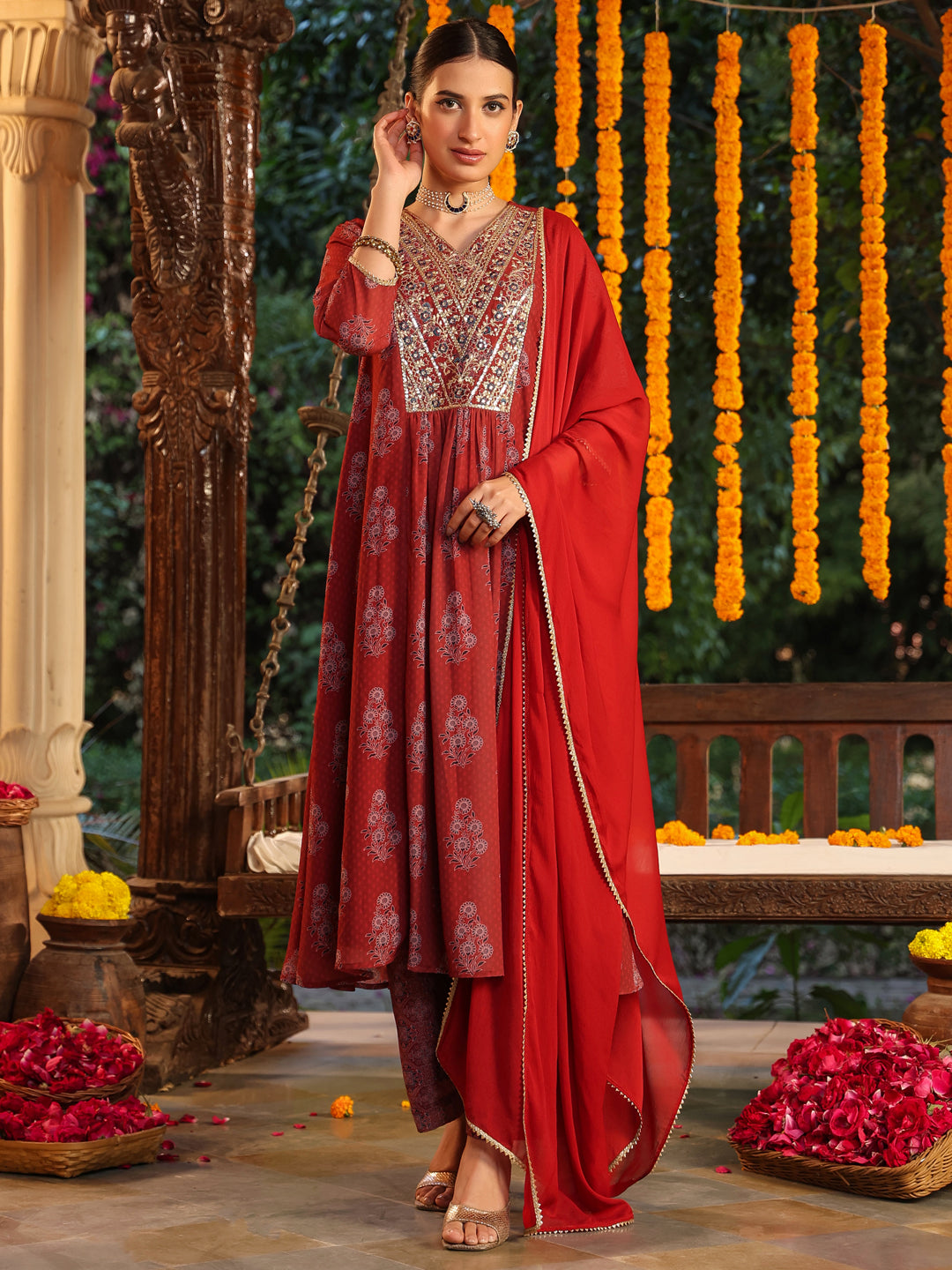 Janasya Dark Georgette Yoke Embroidery A-Line Kurta Set | Swadesiicart
