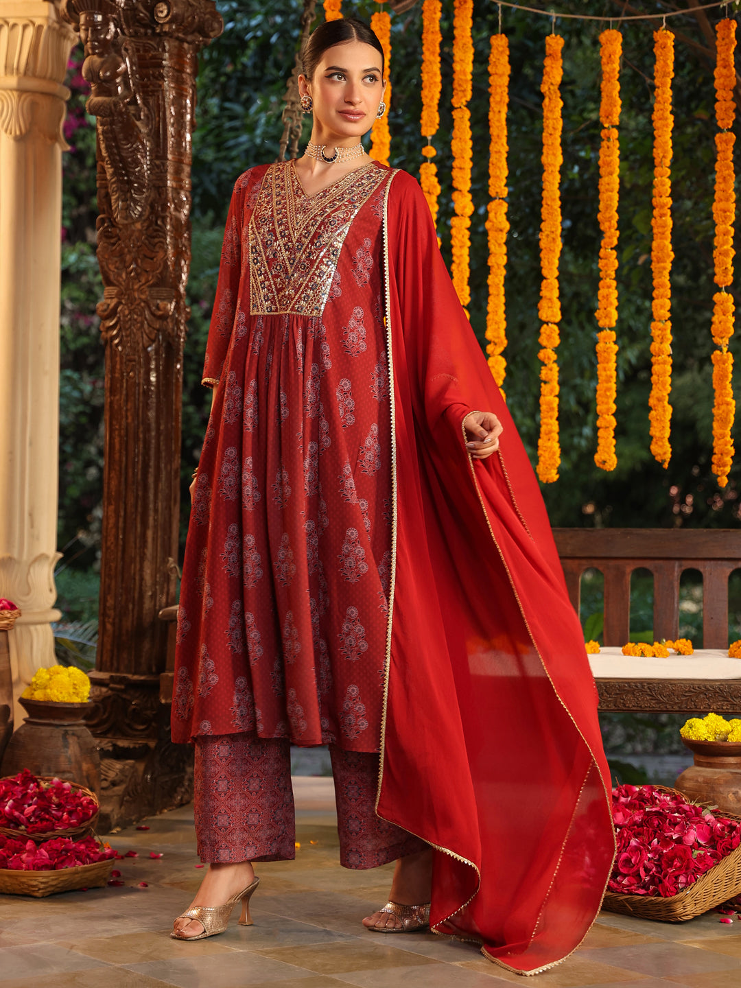 Janasya Dark Georgette Yoke Embroidery A-Line Kurta Set | Swadesiicart