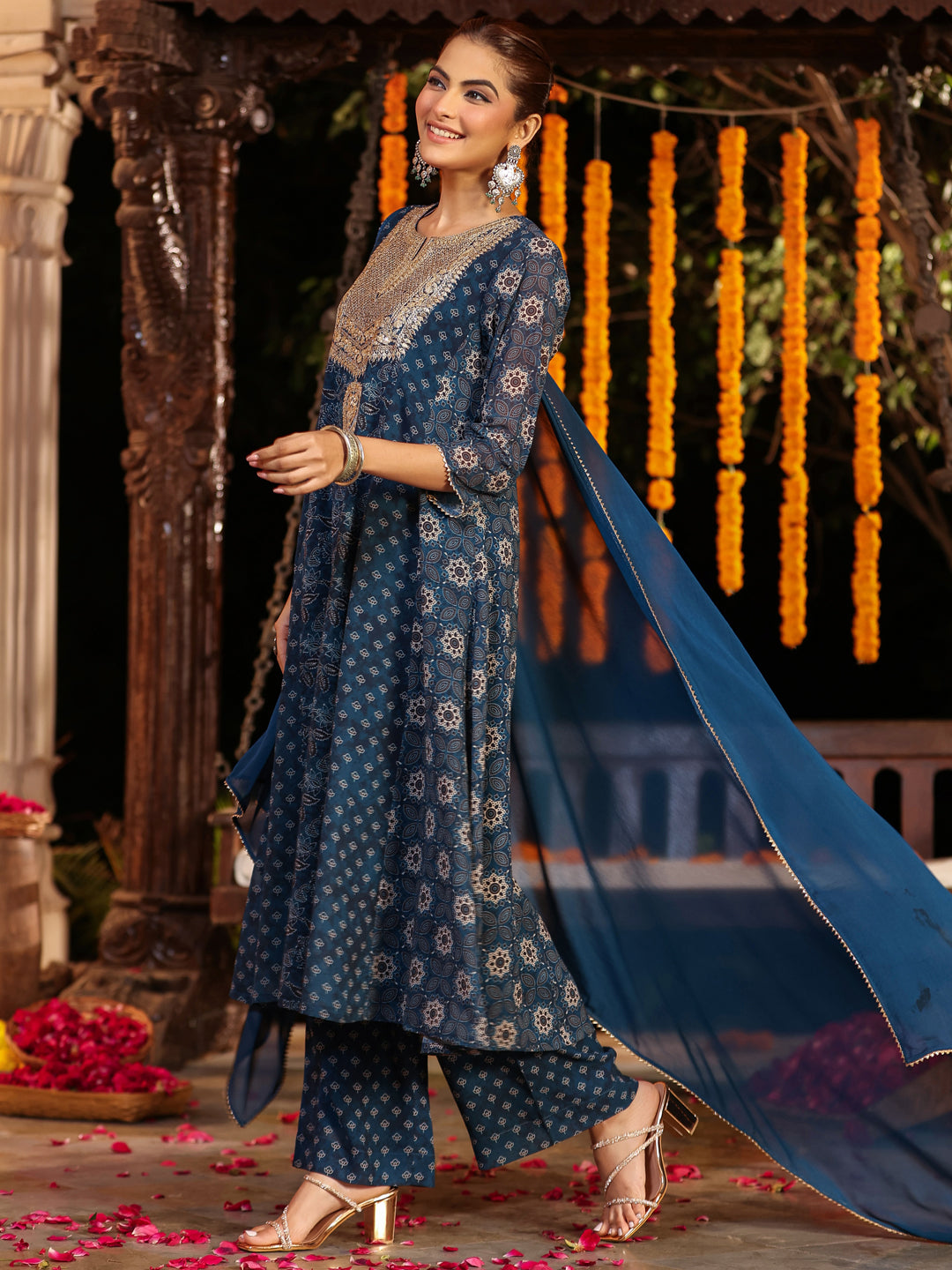 Janasya Dark Georgette Ajrakh Anarkali Kurta Set | Swadesiicart
