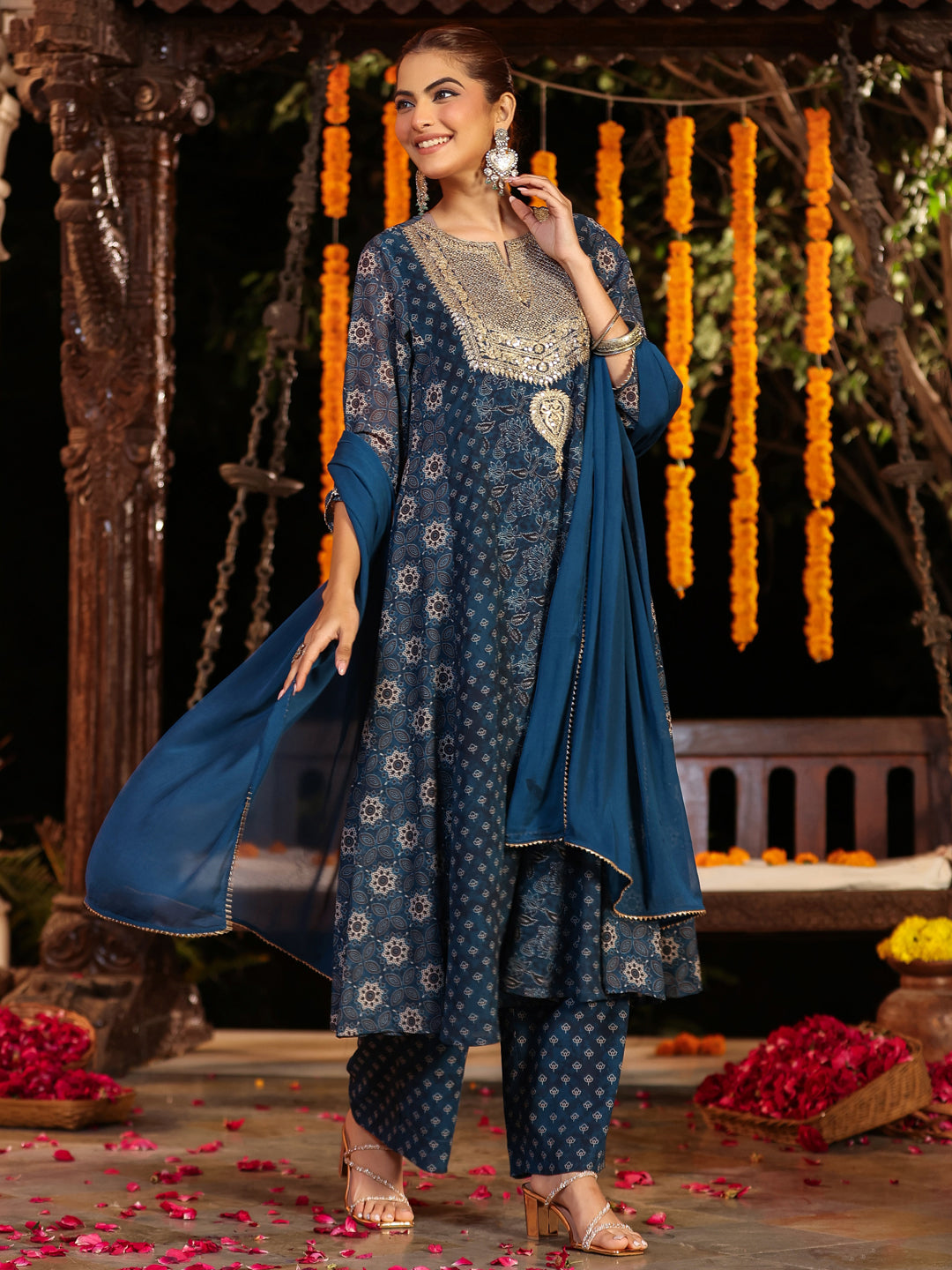 Janasya Dark Georgette Ajrakh Anarkali Kurta Set | Swadesiicart