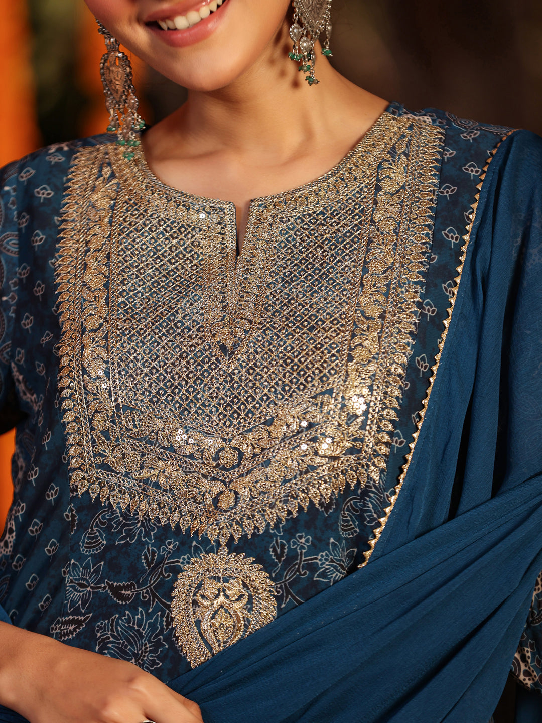 Janasya Dark Georgette Ajrakh Anarkali Kurta Set | Swadesiicart