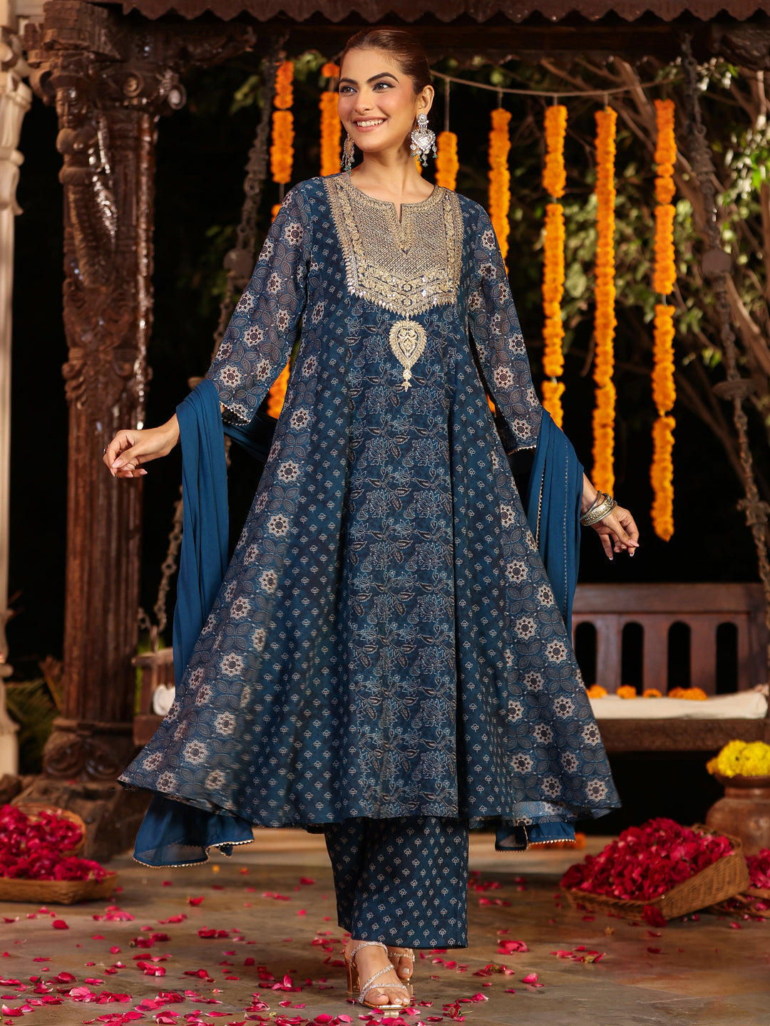 Janasya Dark Georgette Ajrakh Anarkali Kurta Set | Swadesiicart