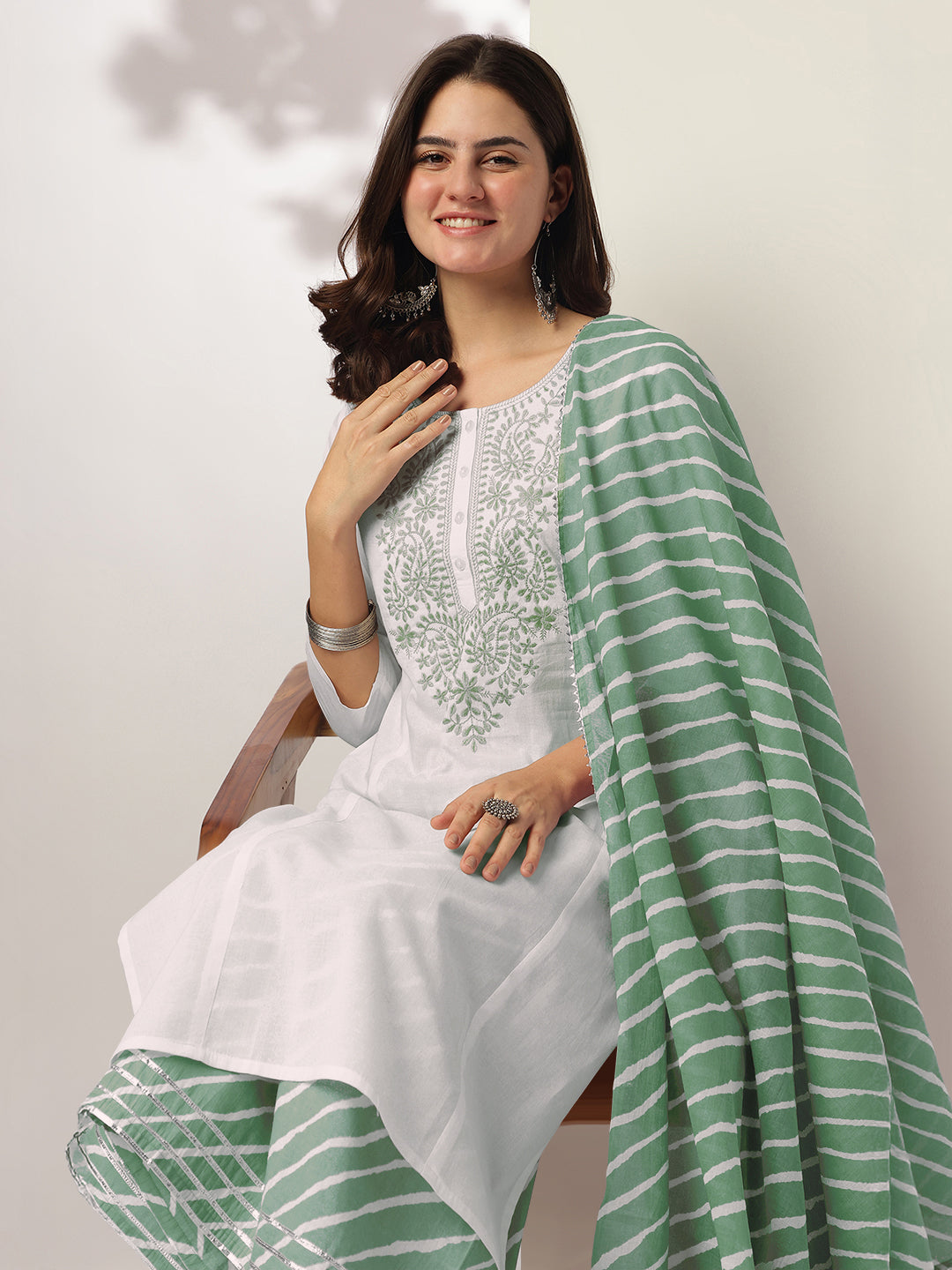 Janasya Light Cotton Yoke Embroidery Straight Kurta Set | Swadesiicart