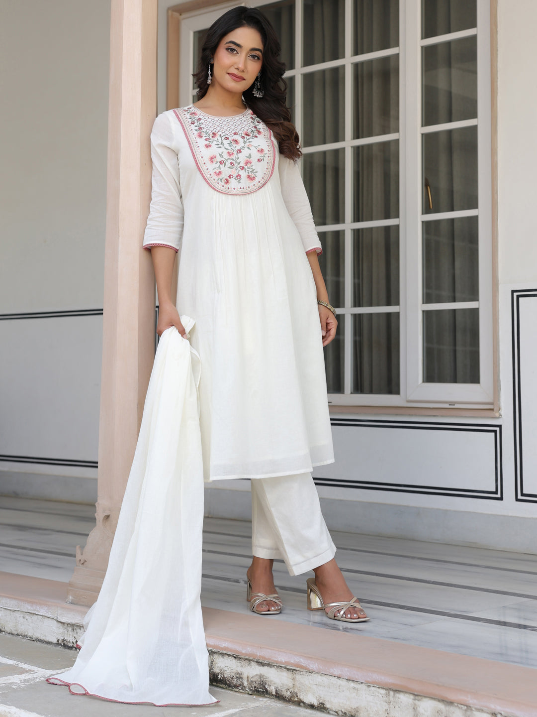 Janasya Light Cotton Yoke Embroidery A-Line Kurta Set | Swadesiicart