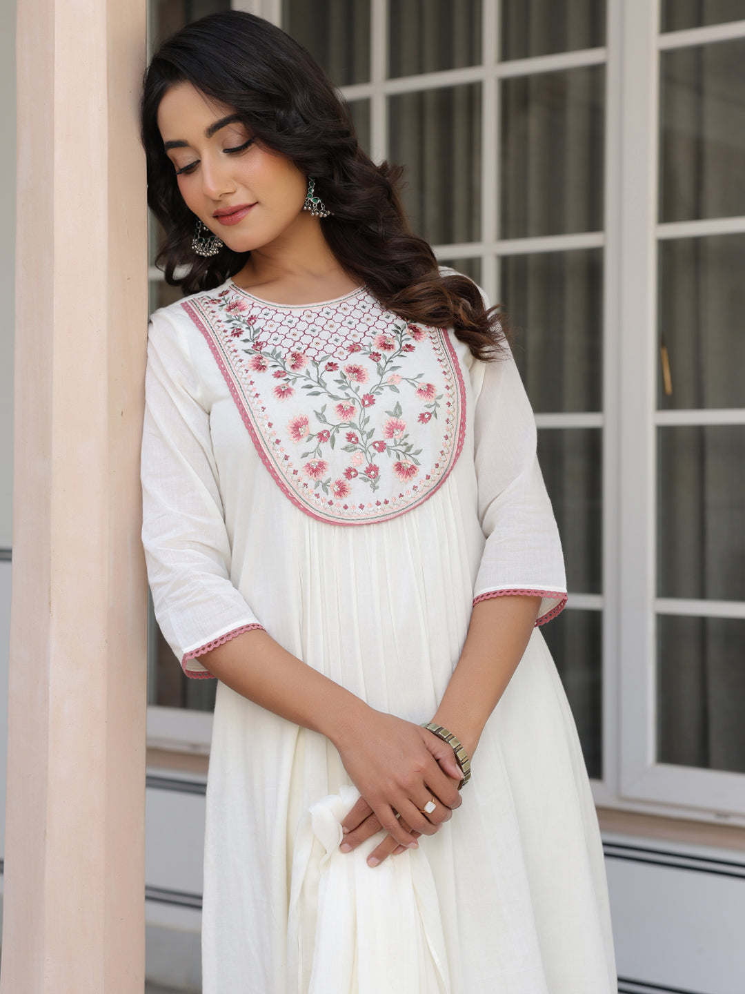 Janasya Light Cotton Yoke Embroidery A-Line Kurta Set | Swadesiicart