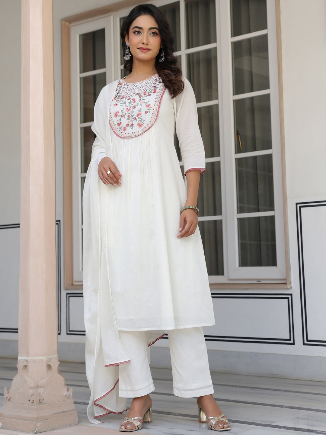 Janasya Light Cotton Yoke Embroidery A-Line Kurta Set | Swadesiicart