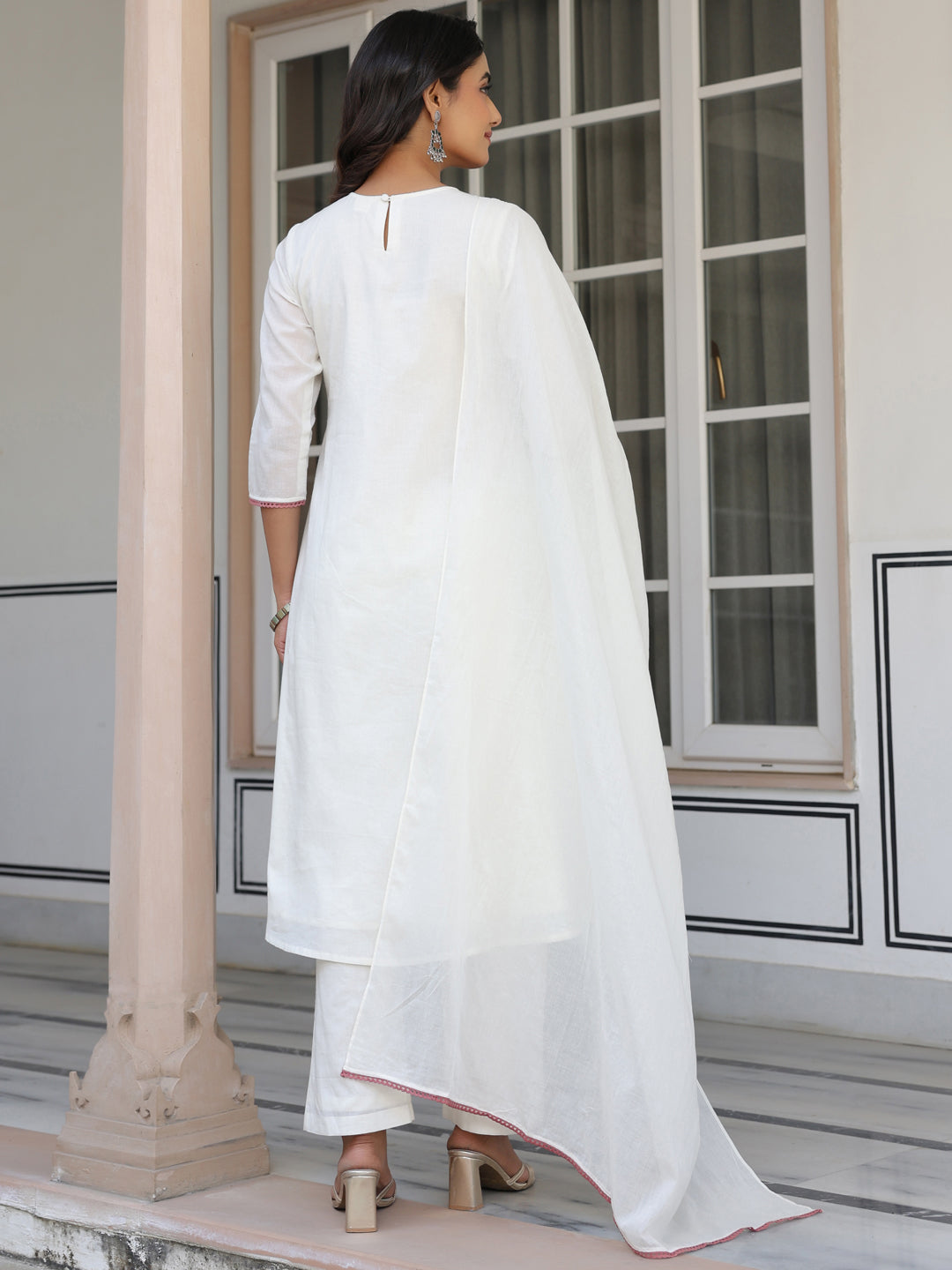 Janasya Light Cotton Yoke Embroidery A-Line Kurta Set | Swadesiicart