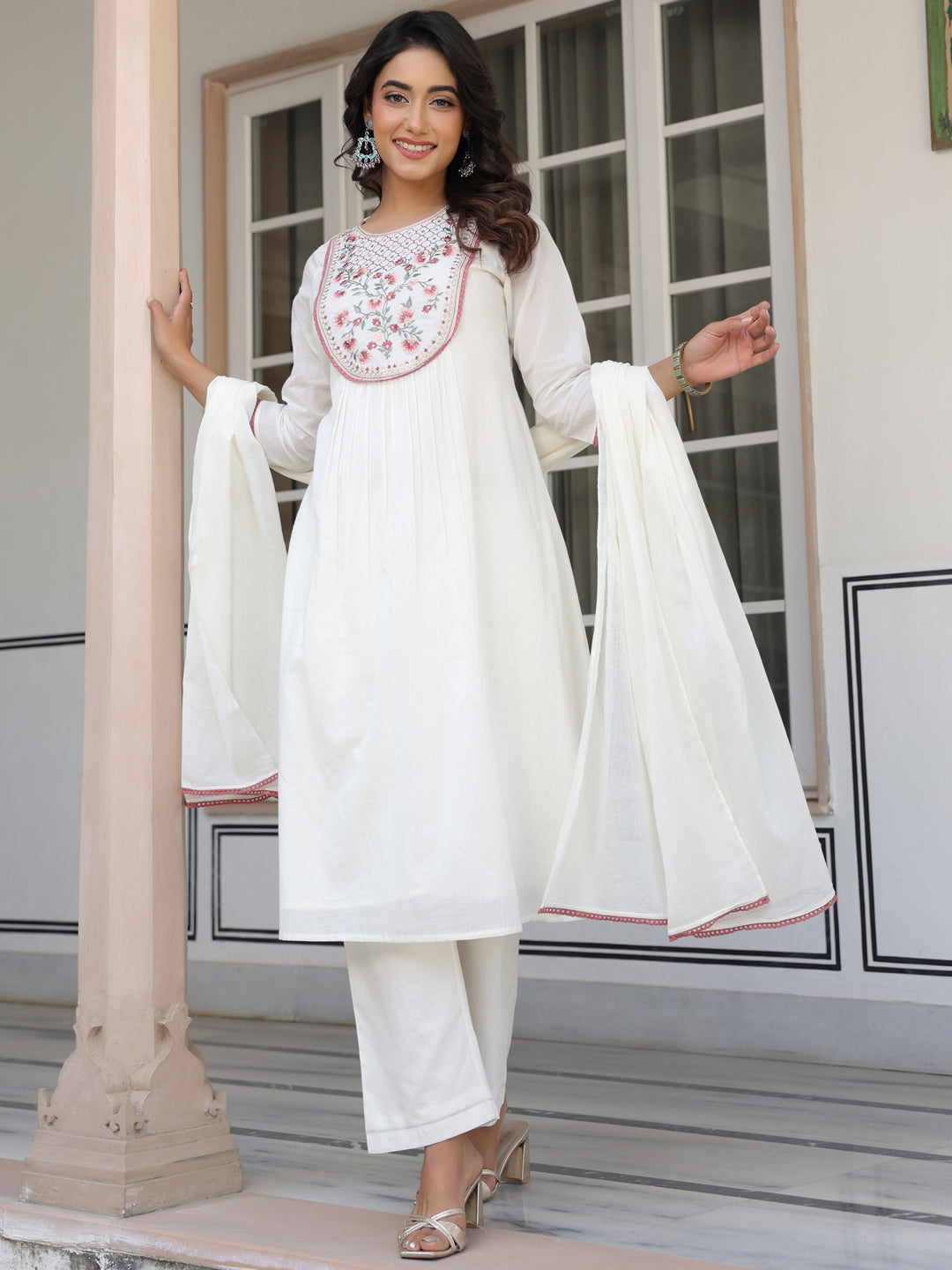 Janasya Light Cotton Yoke Embroidery A-Line Kurta Set | Swadesiicart